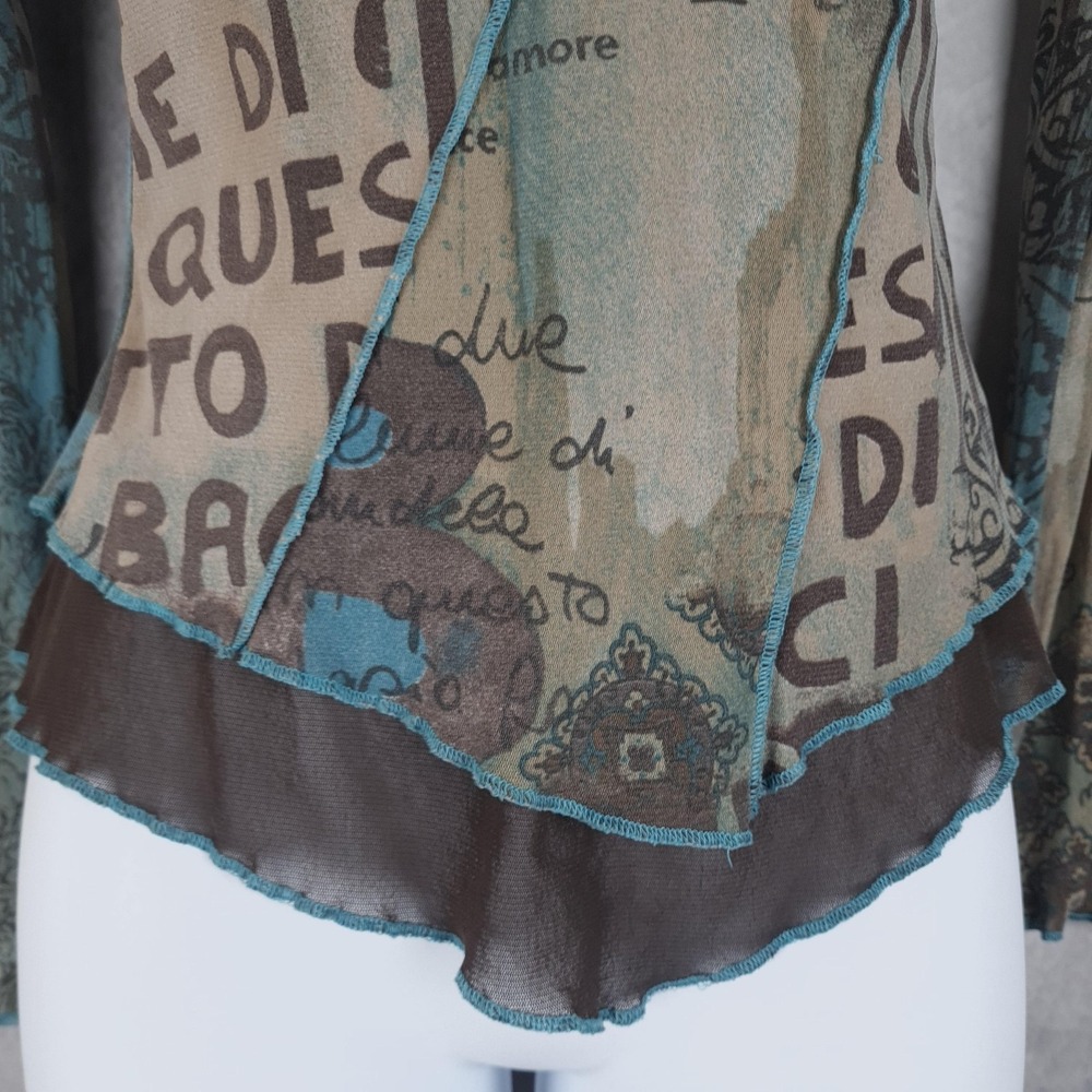 Women’s Mixed Print Asymmetric Long-Sleeve Blouse - Teal & Taupe - Picture 5 of 16